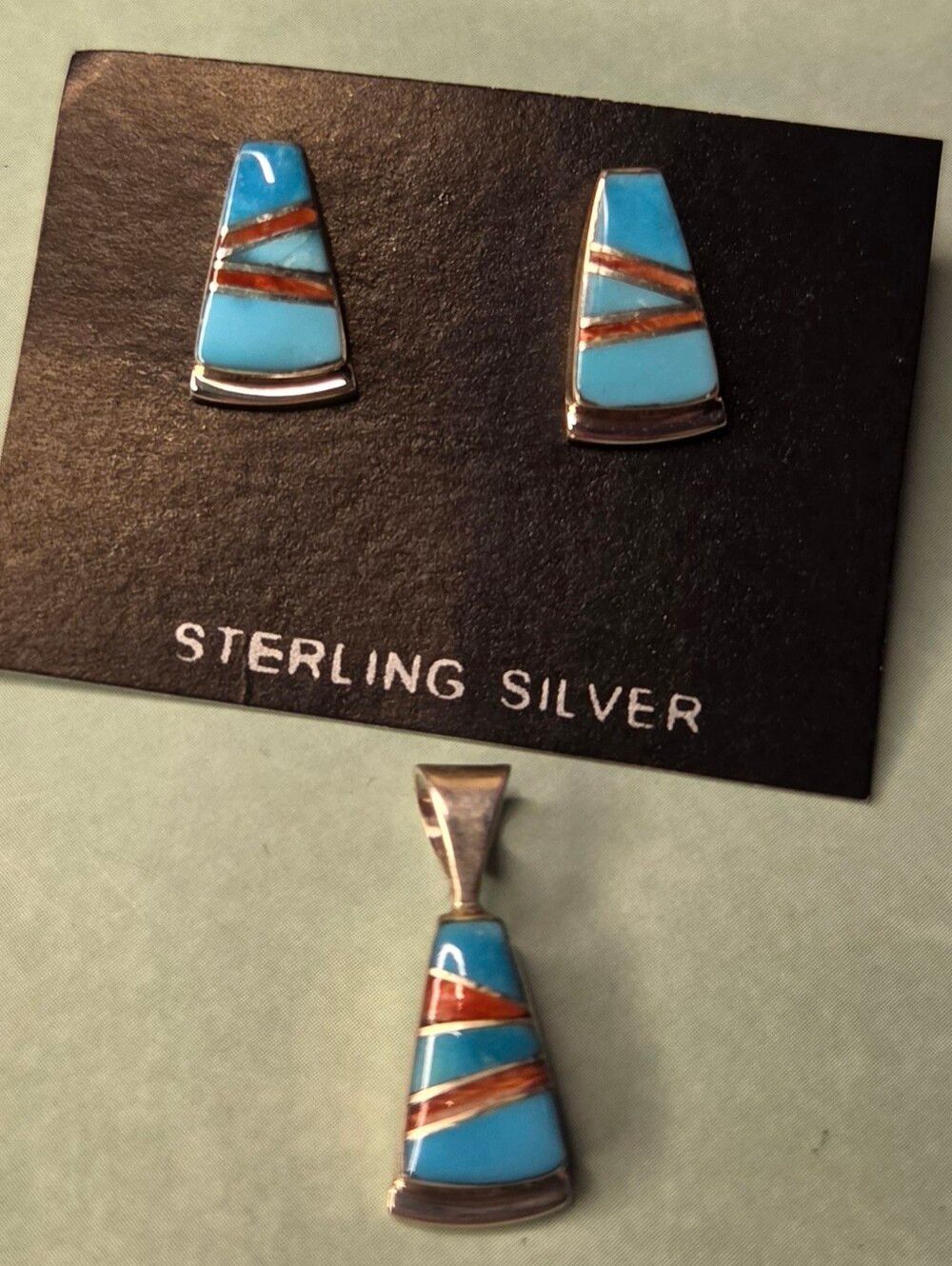 Navajo RB Sterling Silver Turquoise Carnelian Inlay Geometric Drop Earrings